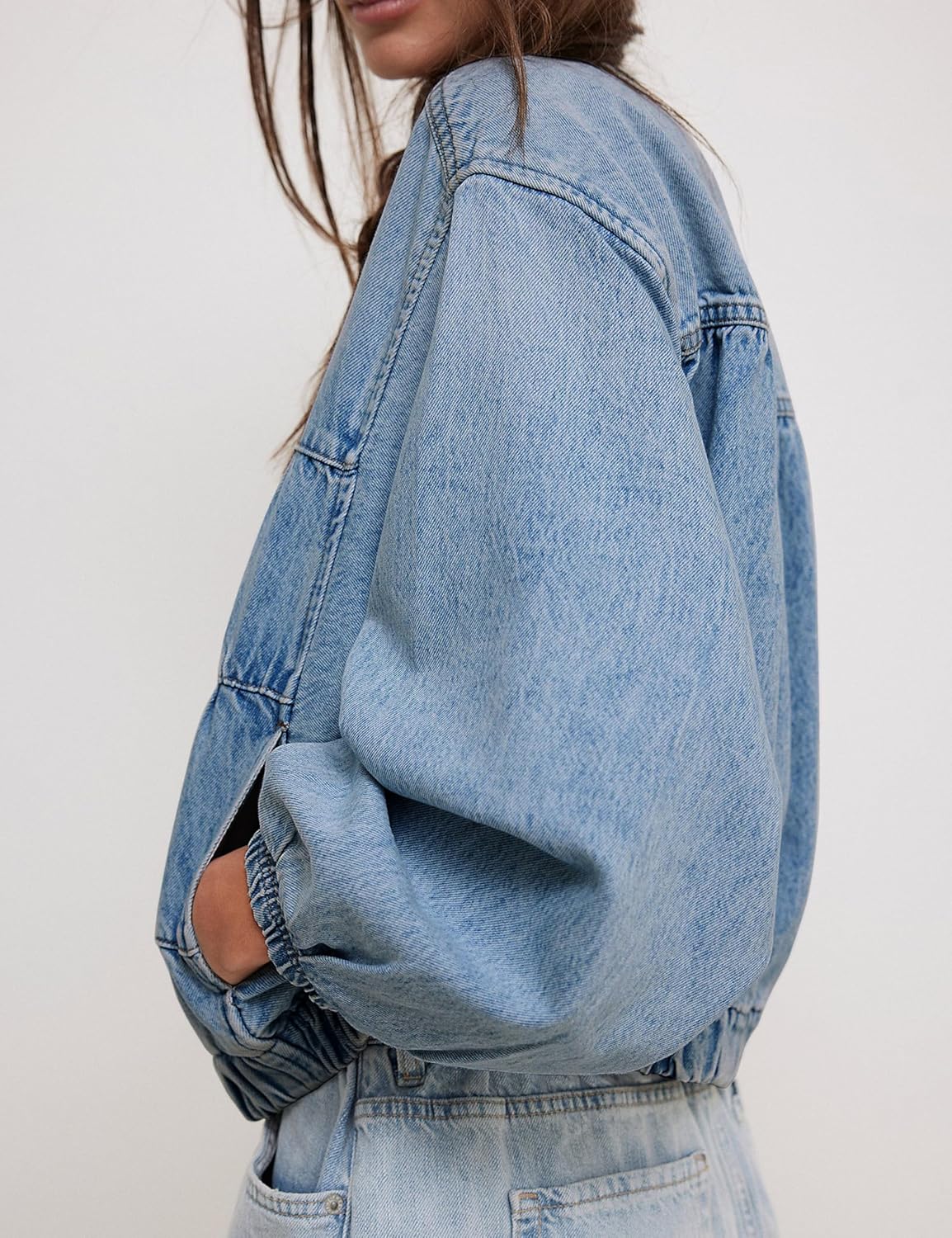 Lumister Womens Cropped Jean Jacket Oversized Zipped Long Sleeves Denim Jacket - Image 3