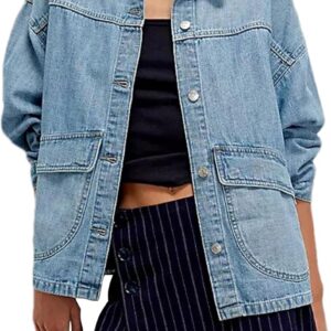 Lumister Women's Oversized Denim Jacket with Contrast Trim Long Sleeve Button Down Jean Coat with Pockets Outerwear
