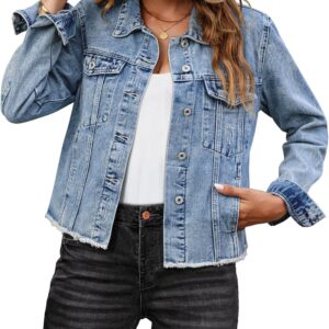 luvamia Denim Jacket for Women Distressed Jean Jackets Button Up Vintage Western Trucker Jacket Frayed Hem Pockets
