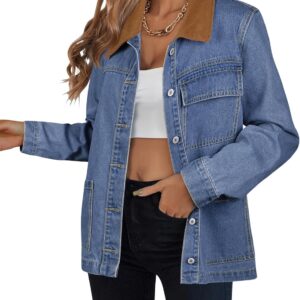 luvamia Jean Jacket Women Trendy Button Down Contrast Corduroy Collar Casual Loose Fit Denim Barn Jackets with Pockets