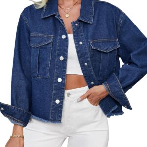 luvamia Jean Jacket Women Trendy Oversized Denim Jacket Raw Hem Long Sleeves Fashion Casual Jackets Shacket with Pockets
