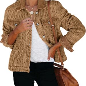 luvamia Jean Jacket Women Trendy Texture Distressed Button Down Long Sleeves Casual Trucker Denim Jackets with Pockets