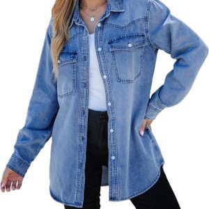 luvamia Long Denim Jacket for Women Lightweight Trendy Jean Button Down Shirts Jackets Oversized Shackets with Pockets