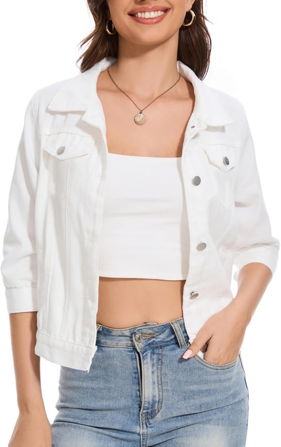 MINTLIMIT Women's Cropped Denim Jacket 2025 Lapel Jean Coat Button Trendy 3\/4 Sleeve Stretch Short Plus Size Denim Jacket - Image 10