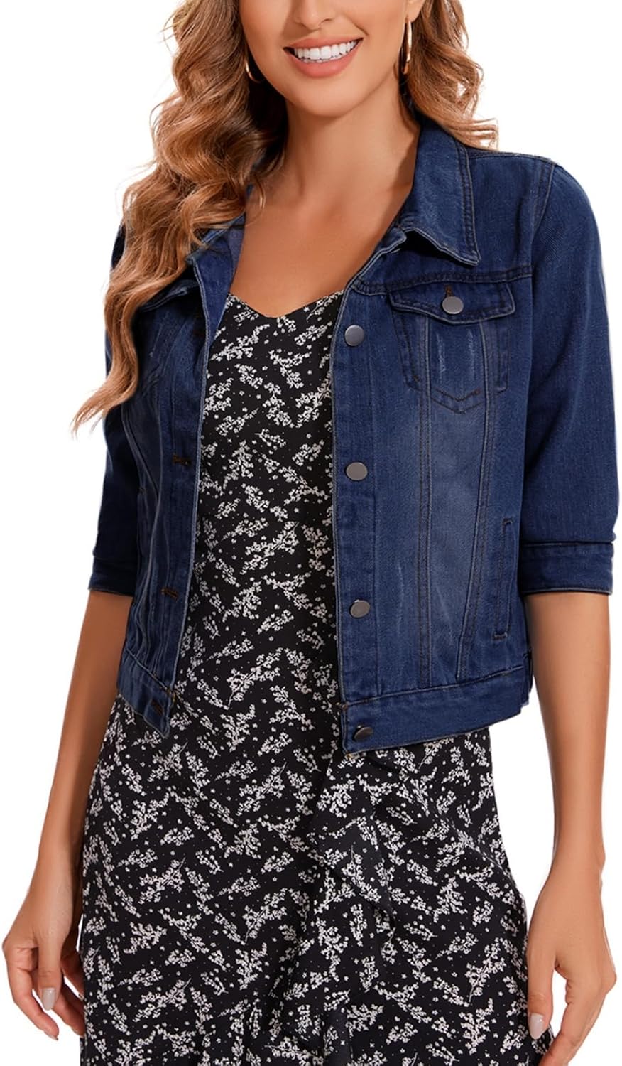 MINTLIMIT Women's Cropped Denim Jacket 2025 Lapel Jean Coat Button Trendy 3\/4 Sleeve Stretch Short Plus Size Denim Jacket - Image 4