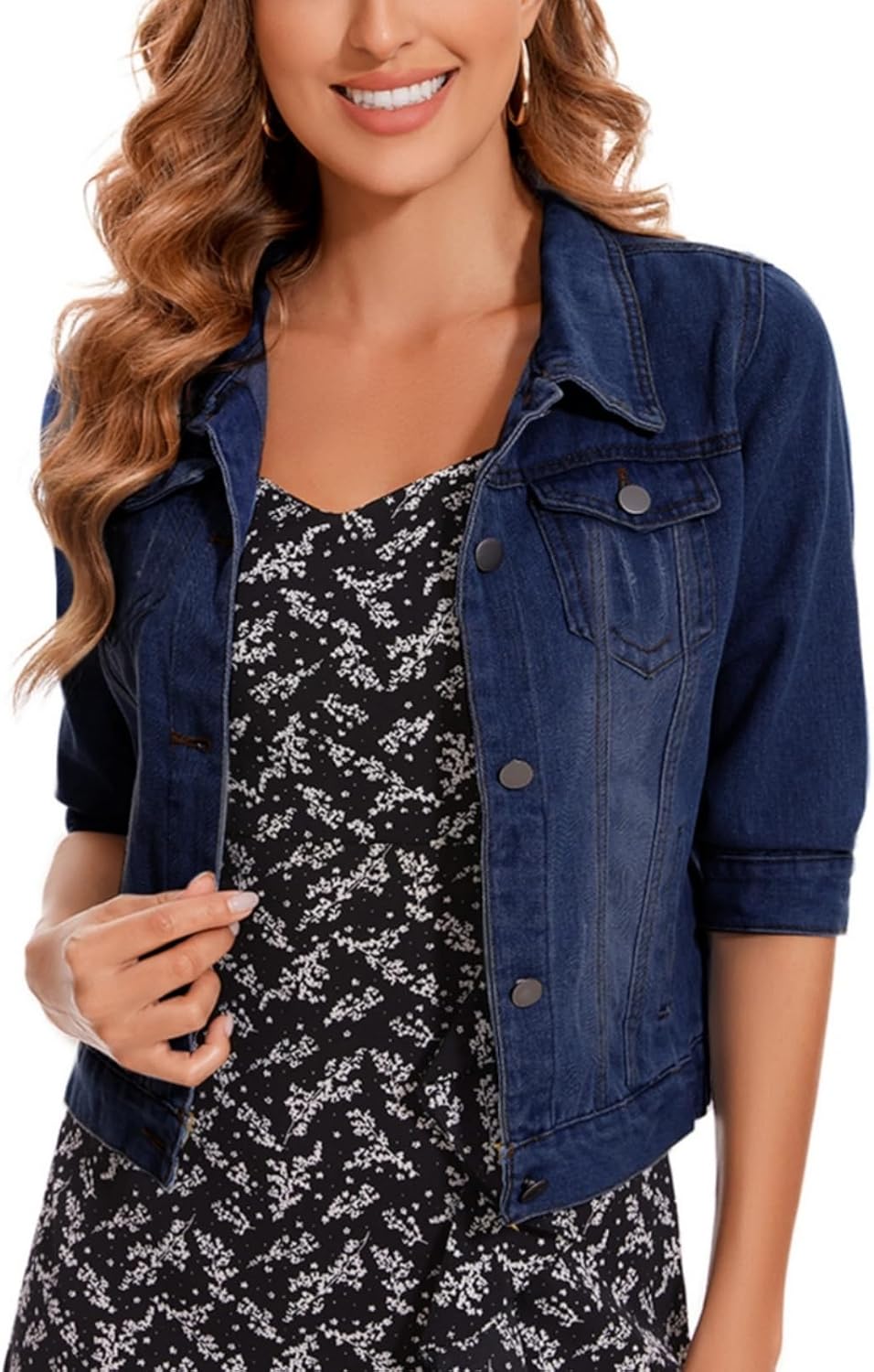 MINTLIMIT Women's Cropped Denim Jacket 2025 Lapel Jean Coat Button Trendy 3\/4 Sleeve Stretch Short Plus Size Denim Jacket