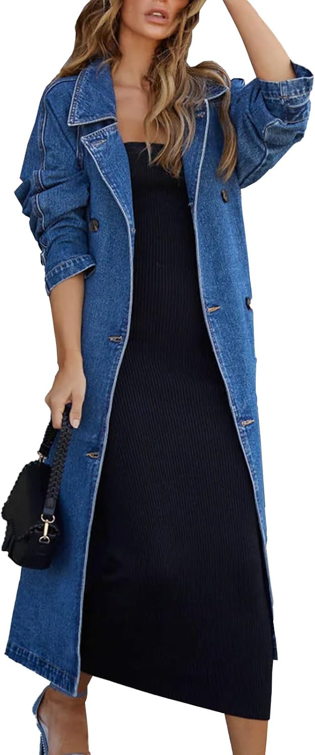 MJFCS YAENH Women's Vintage Notched Collar Double Breasted Over Knee Midi Long Denim Jacket Trench Coat with Belt