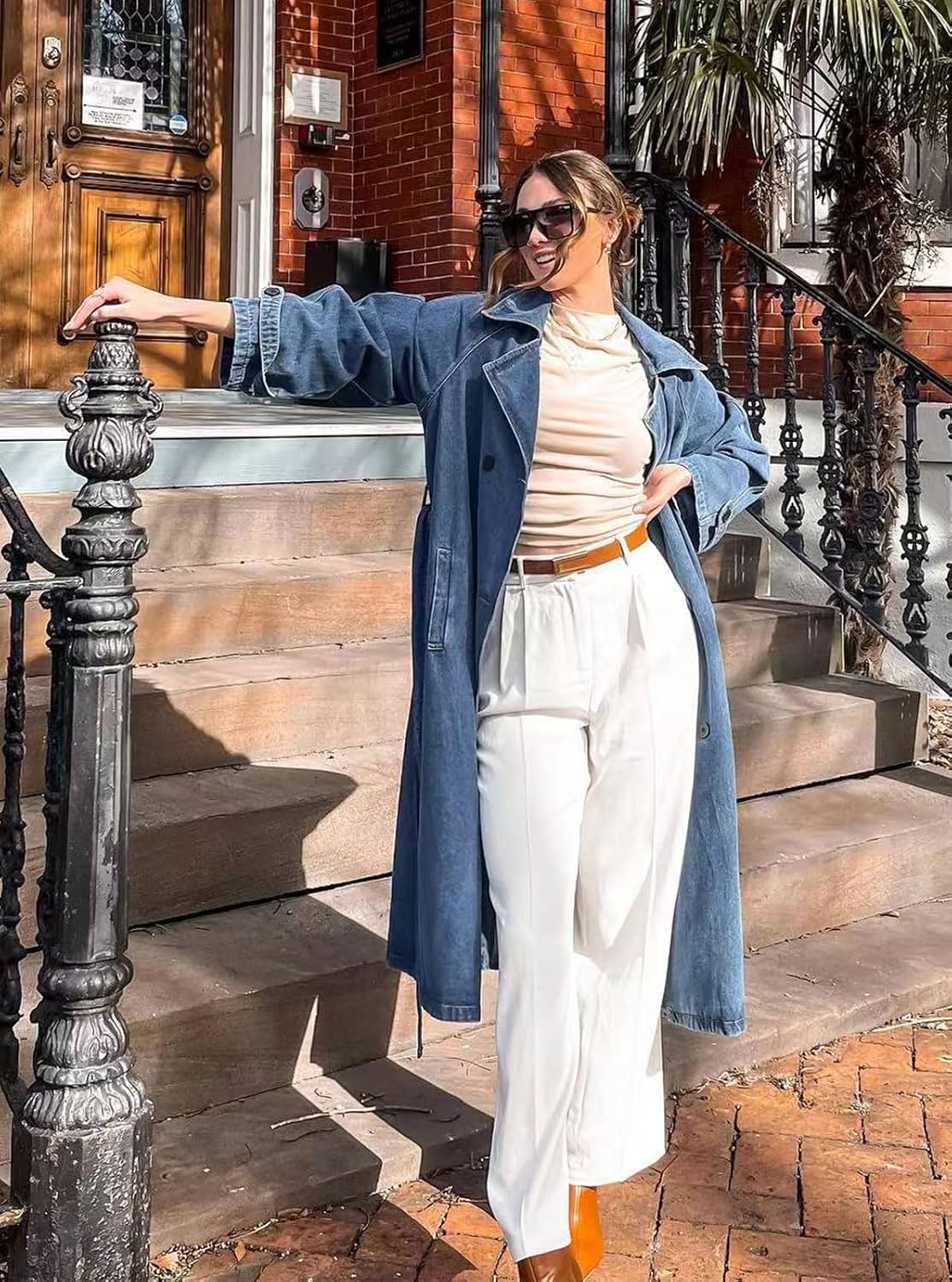 MJFCS YAENH Women's Vintage Notched Collar Double Breasted Over Knee Midi Long Denim Jacket Trench Coat with Belt - Image 2