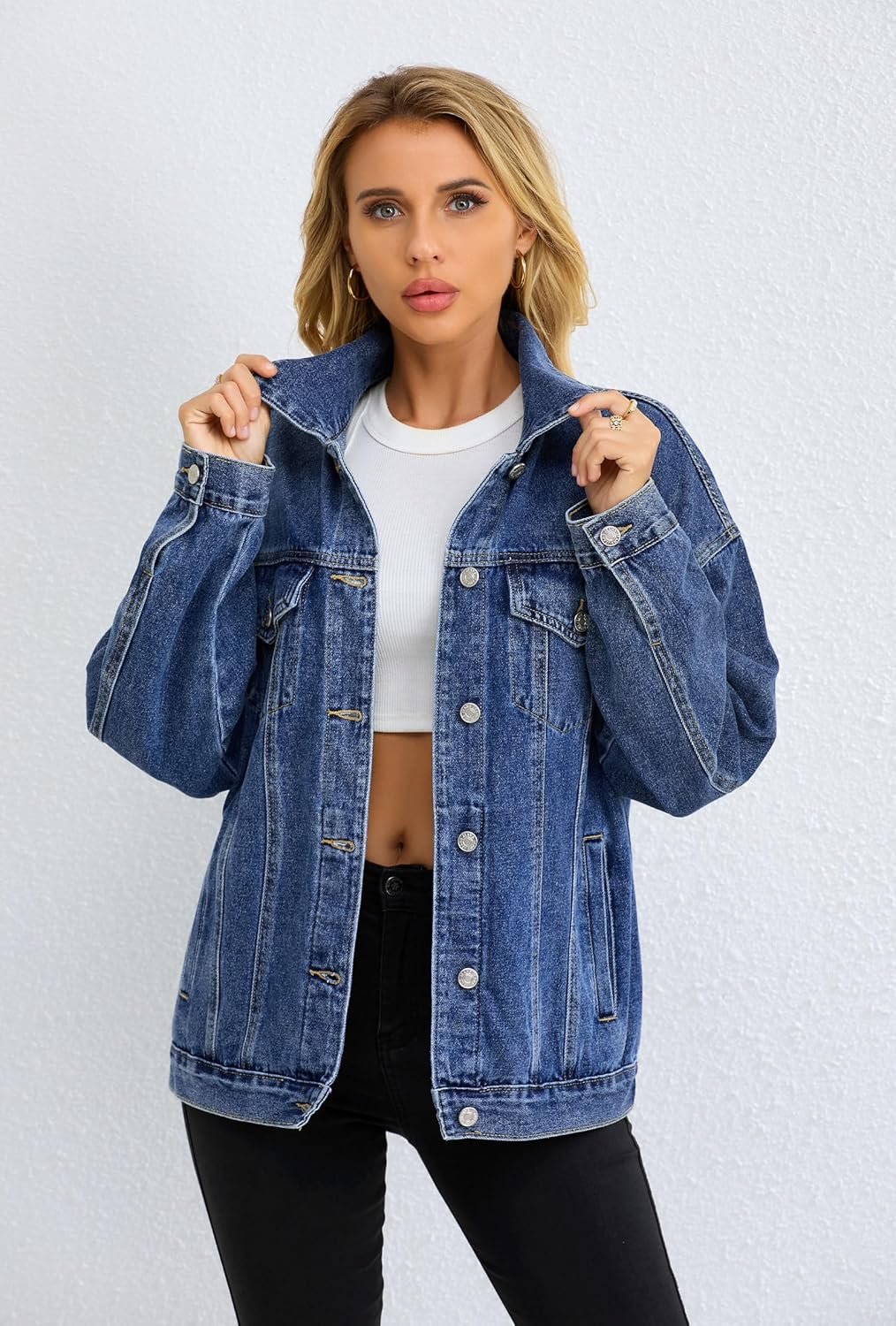 Muundim Jean Jacket for Women, Oversize Trendy Denim Jacket, Women's Loose Long Boyfriend Jean Jackets Coat - Image 3