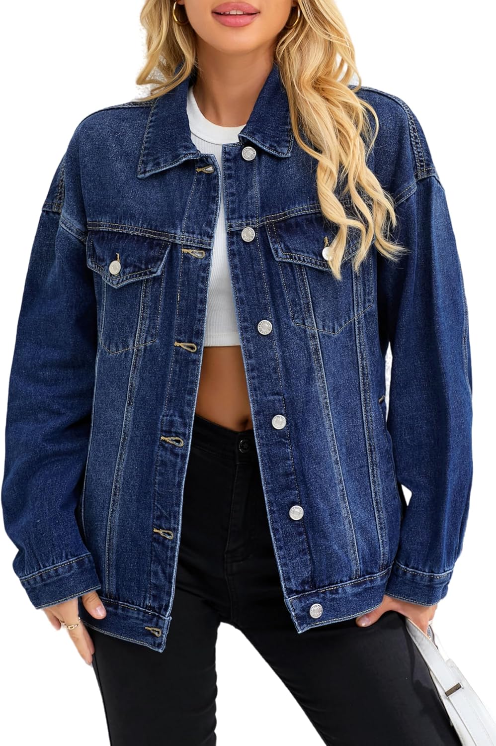 Muundim Jean Jacket for Women, Oversize Trendy Denim Jacket, Women's Loose Long Boyfriend Jean Jackets Coat - Image 14