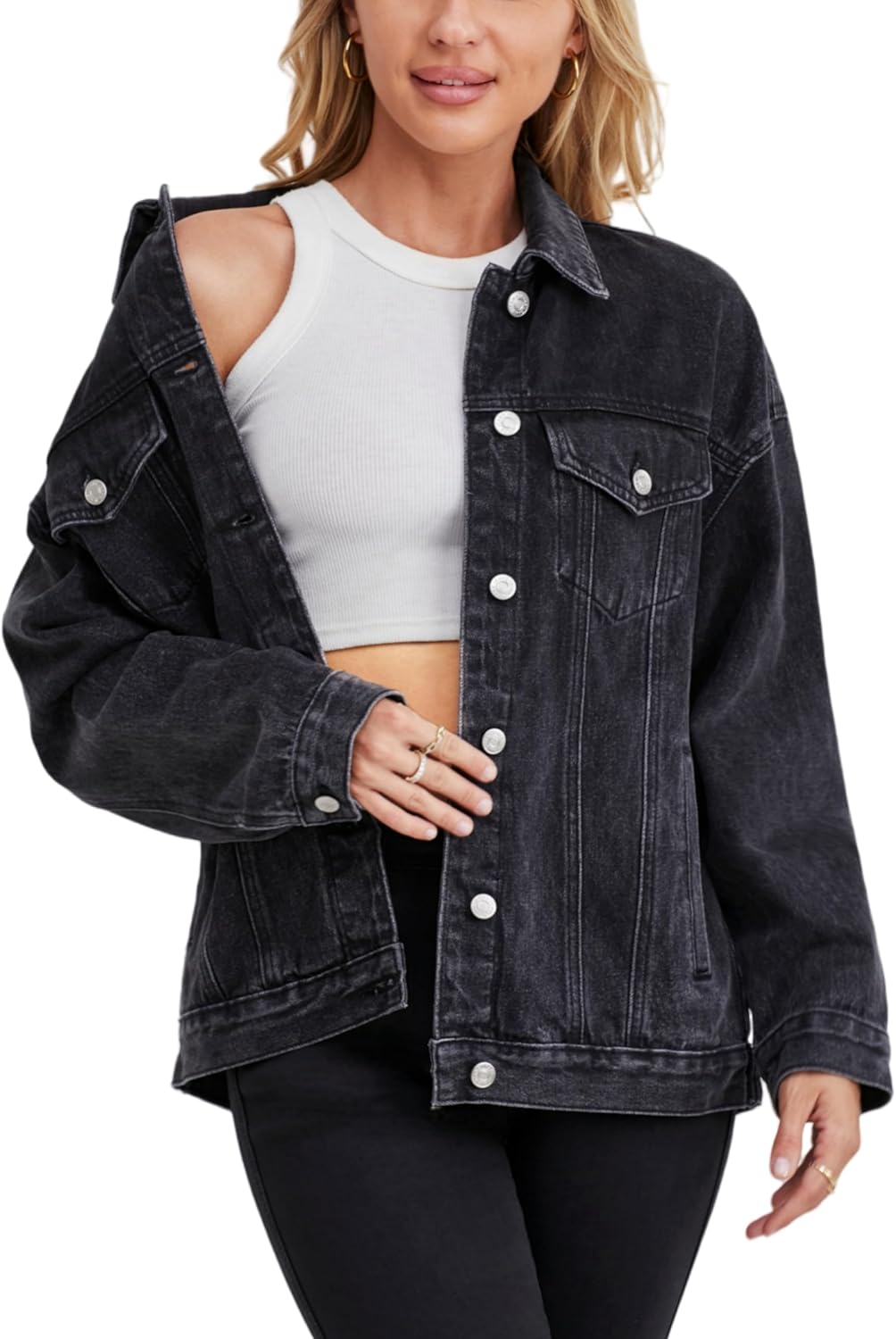 Muundim Jean Jacket for Women, Oversize Trendy Denim Jacket, Women's Loose Long Boyfriend Jean Jackets Coat - Image 9