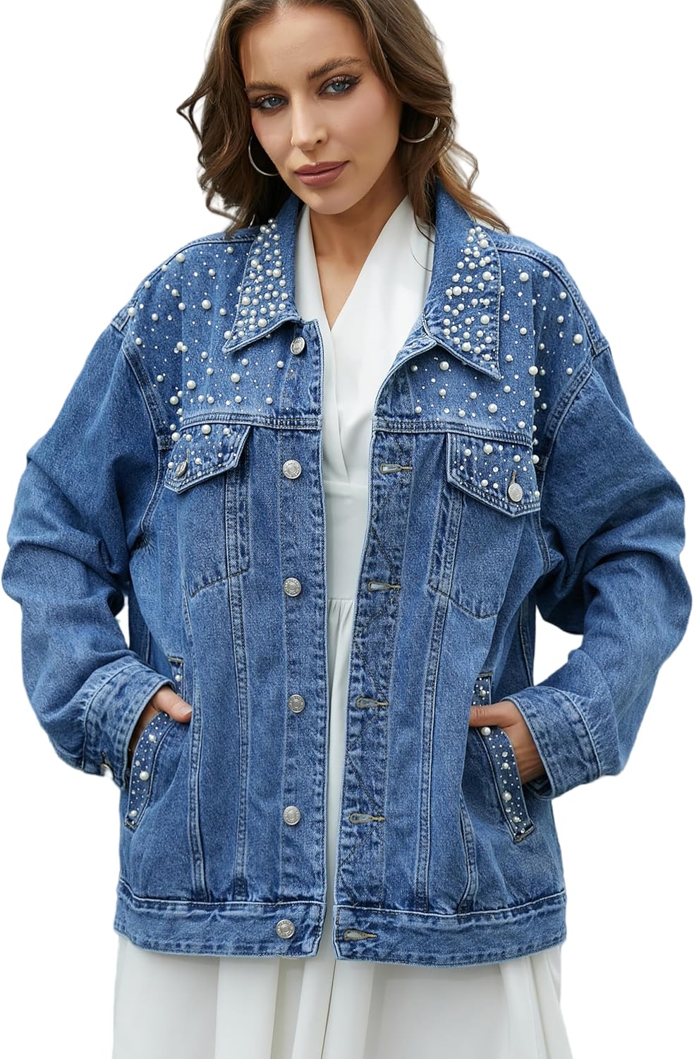 Muundim Jean Jacket for Women, Oversize Trendy Denim Jacket, Women's Loose Long Boyfriend Jean Jackets Coat - Image 10