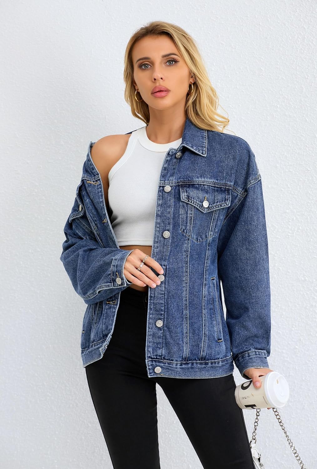 Muundim Jean Jacket for Women, Oversize Trendy Denim Jacket, Women's Loose Long Boyfriend Jean Jackets Coat - Image 6