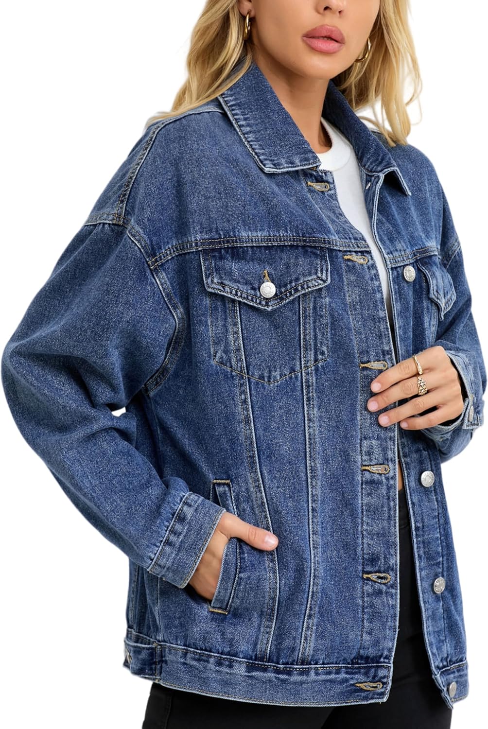 Muundim Jean Jacket for Women, Oversize Trendy Denim Jacket, Women's Loose Long Boyfriend Jean Jackets Coat