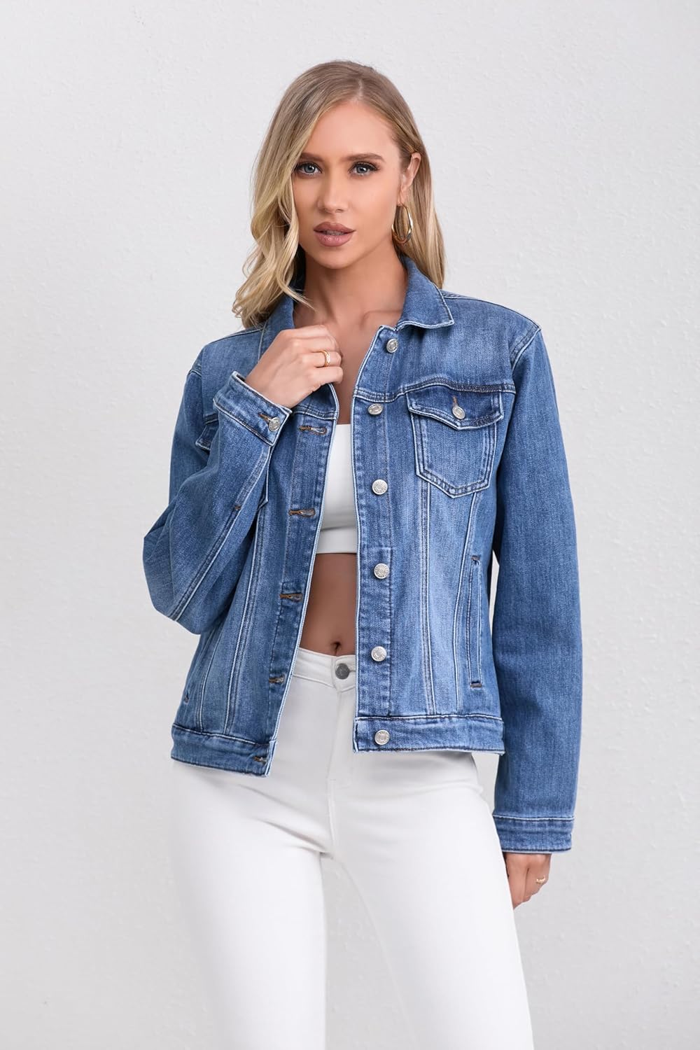 Muundim Women's Jean Jacket, Stretch Soft Denim Jacket for Women, Lightweight Fitted Ladies Jean Trucker Coats - Image 4