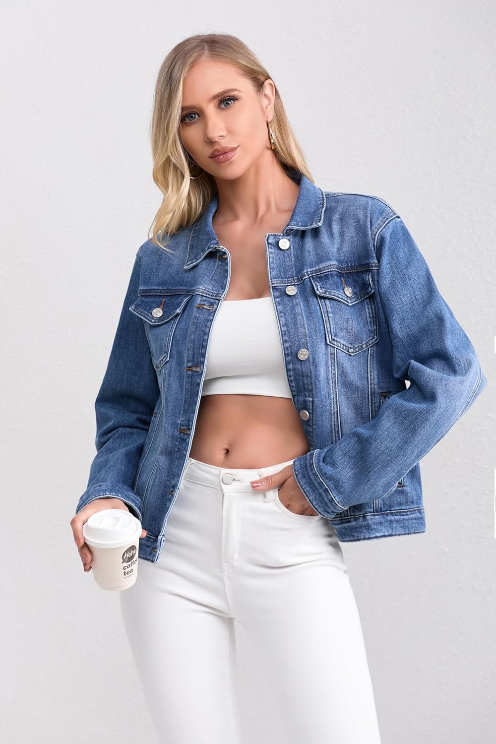 Muundim Women's Jean Jacket, Stretch Soft Denim Jacket for Women, Lightweight Fitted Ladies Jean Trucker Coats - Image 3