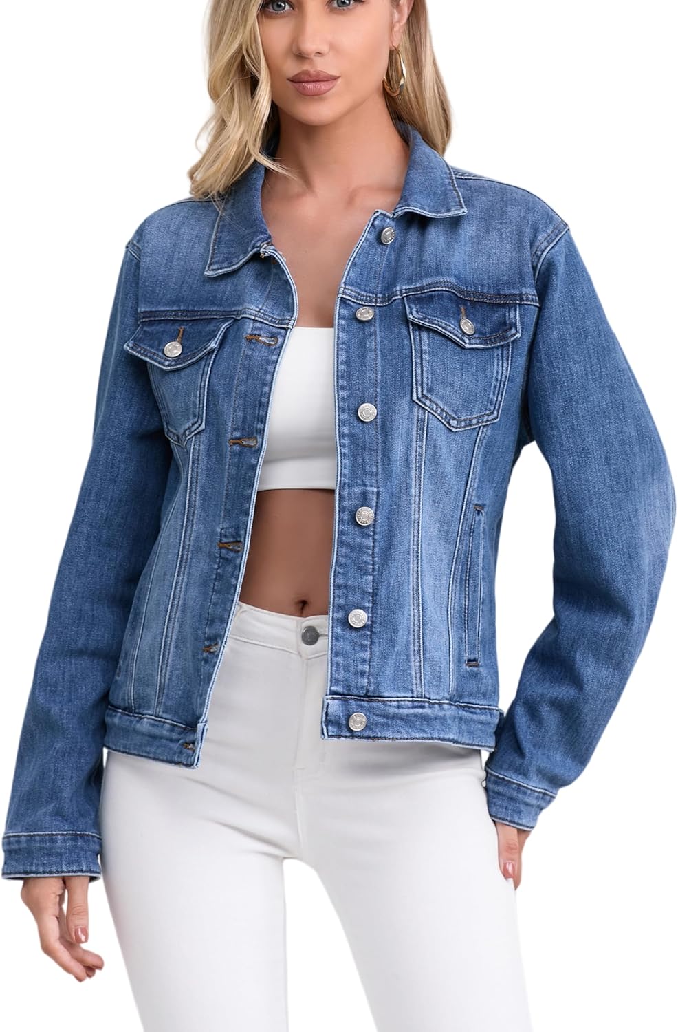 Muundim Women's Jean Jacket, Stretch Soft Denim Jacket for Women, Lightweight Fitted Ladies Jean Trucker Coats