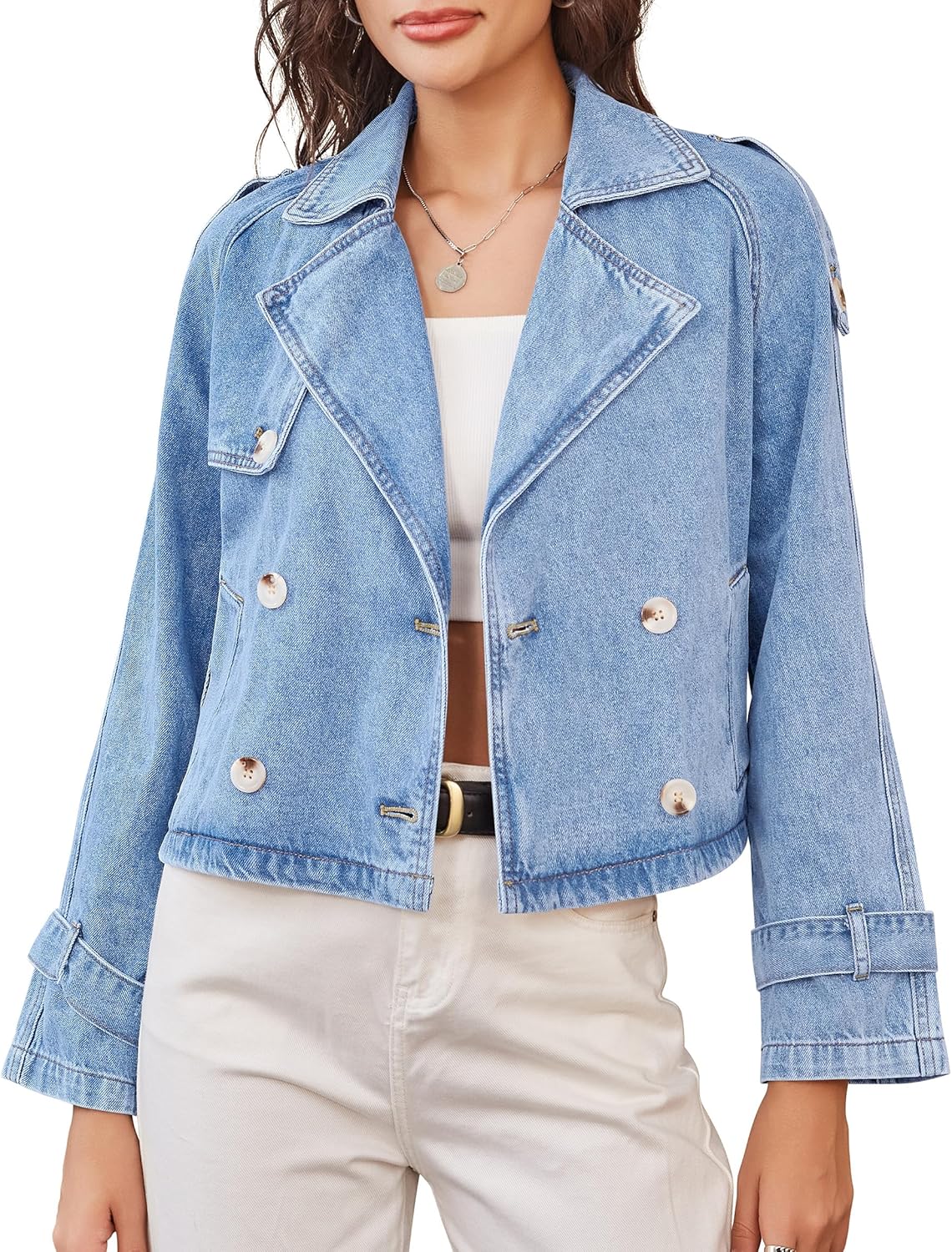 Nitzana Denim Jacket for Women Cropped Trench Coat Double Breasted Lightweight Jean Jackets Casual Outerwear 2025 Trendy