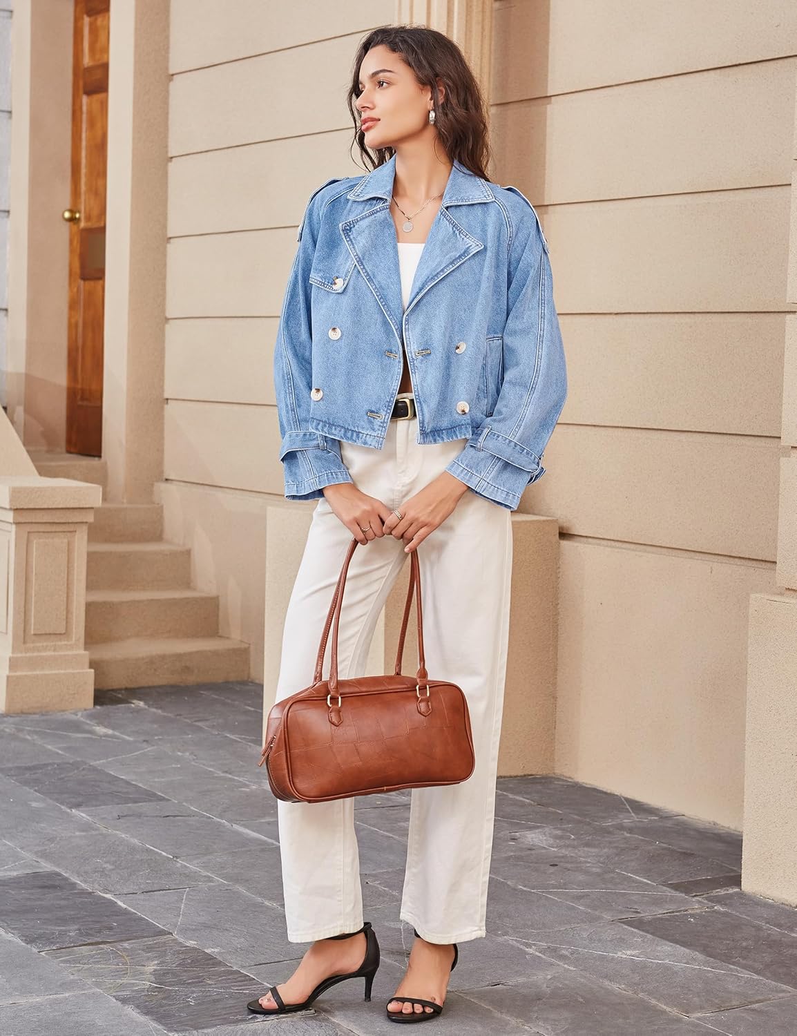 Nitzana Denim Jacket for Women Cropped Trench Coat Double Breasted Lightweight Jean Jackets Casual Outerwear 2025 Trendy - Image 6