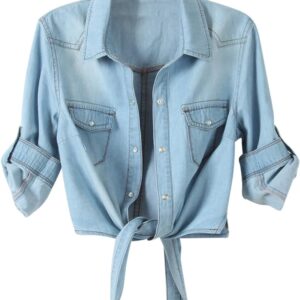Omoone Women's 3\/4 Sleeve Denim Crop Top Tie Knot Shirt Cardigan