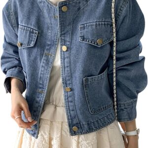 Omoone Women's Denim Jacket Long Sleeve Crop Button Down Collarless Jean Coat with Pocket