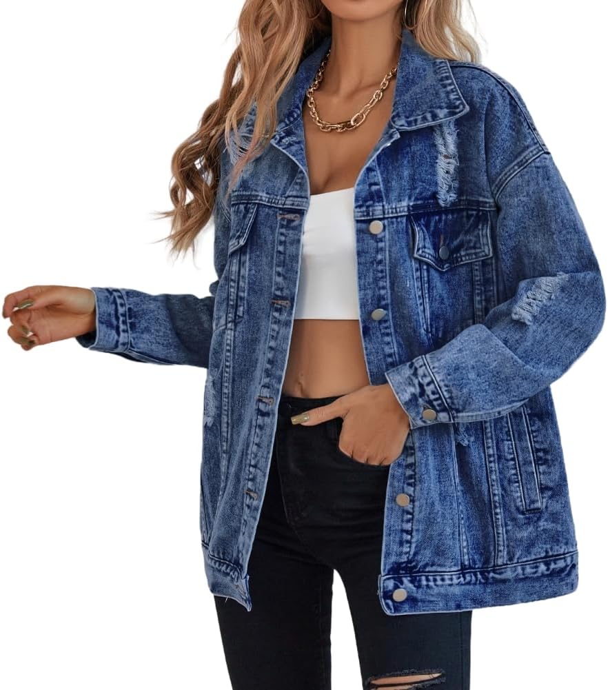 Oversize Denim Jacket for Women Ripped Jean Jacket Boyfriend Long Sleeve Trucker Coat - Image 8
