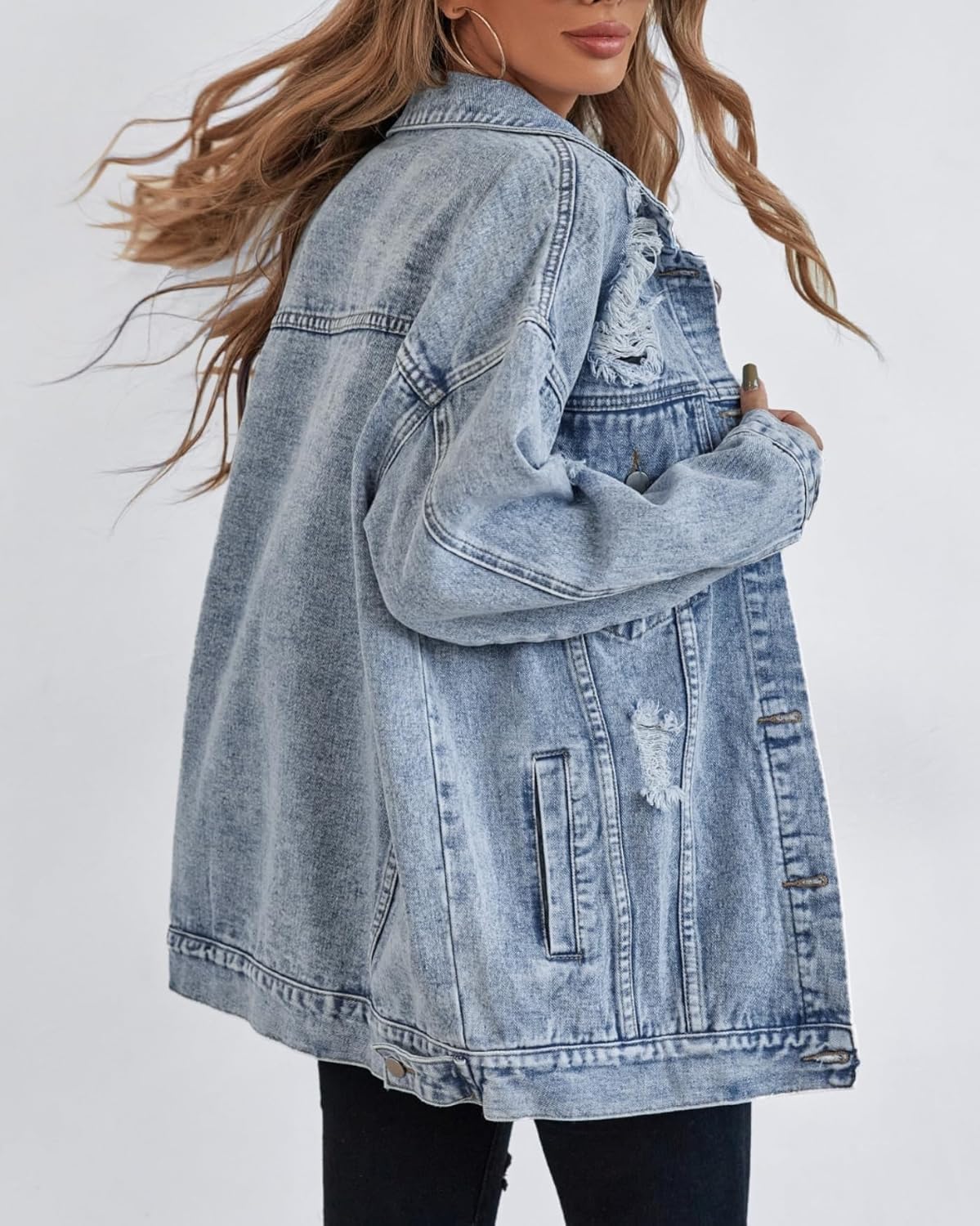 Oversize Denim Jacket for Women Ripped Jean Jacket Boyfriend Long Sleeve Trucker Coat - Image 2