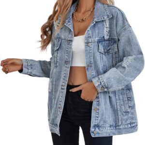 Oversize Denim Jacket for Women Ripped Jean Jacket Boyfriend Long Sleeve Trucker Coat