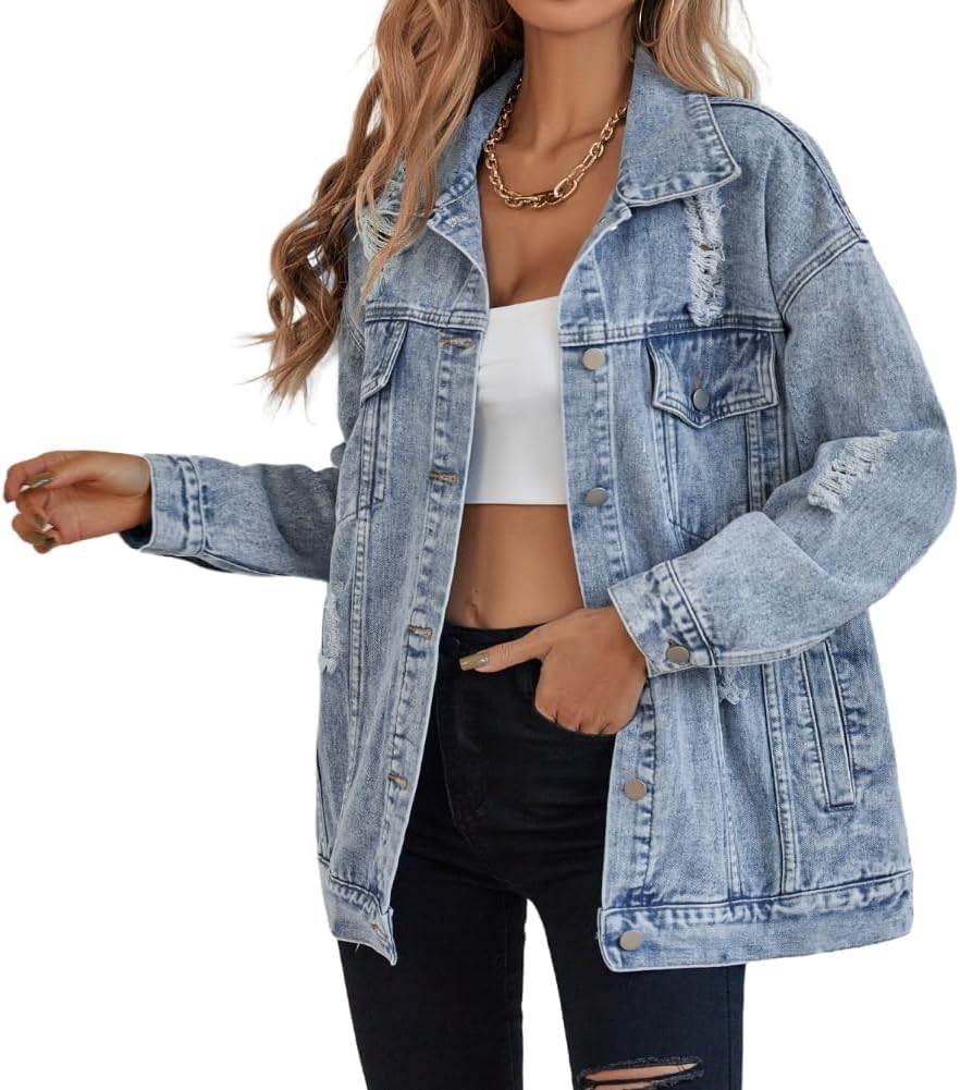 Oversize Denim Jacket for Women Ripped Jean Jacket Boyfriend Long Sleeve Trucker Coat