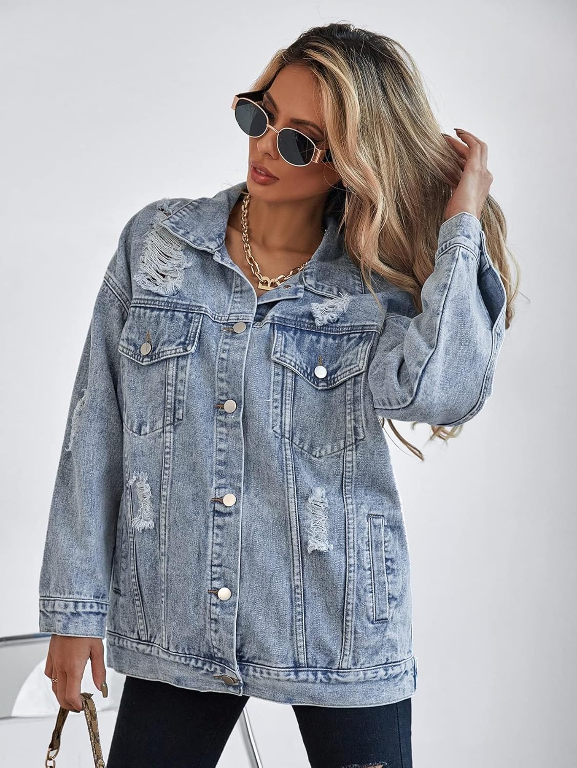 Oversize Denim Jacket for Women Ripped Jean Jacket Boyfriend Long Sleeve Trucker Coat - Image 4