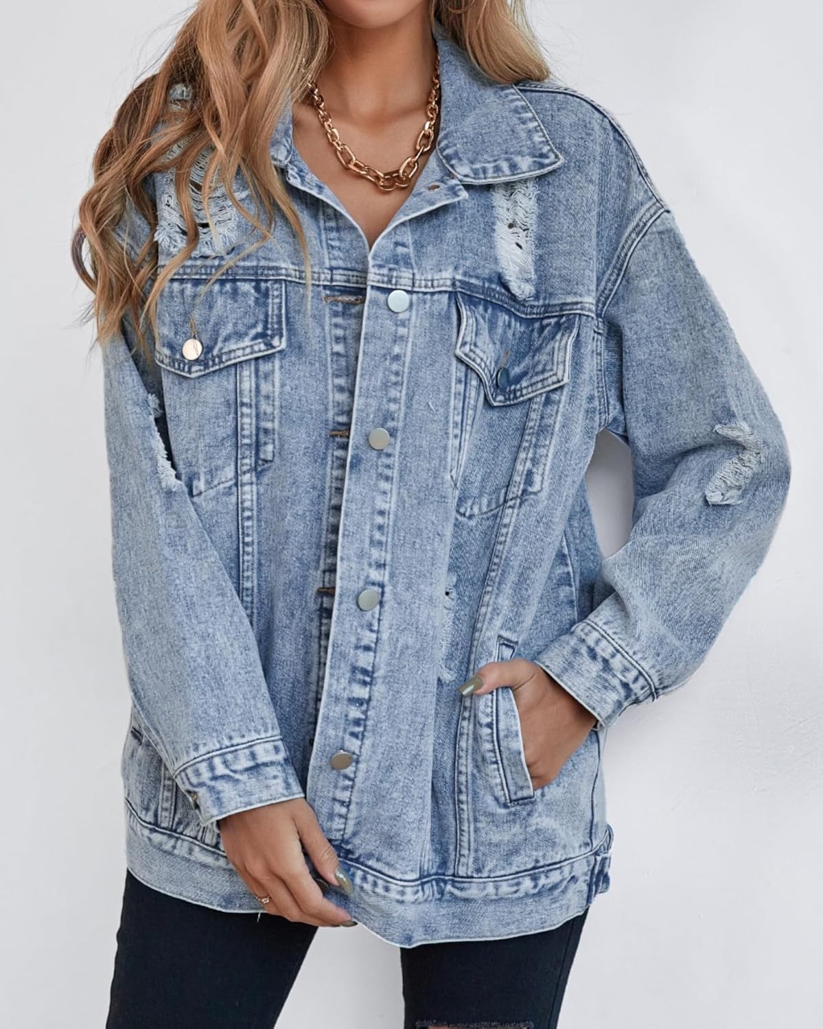 Oversize Denim Jacket for Women Ripped Jean Jacket Boyfriend Long Sleeve Trucker Coat - Image 3