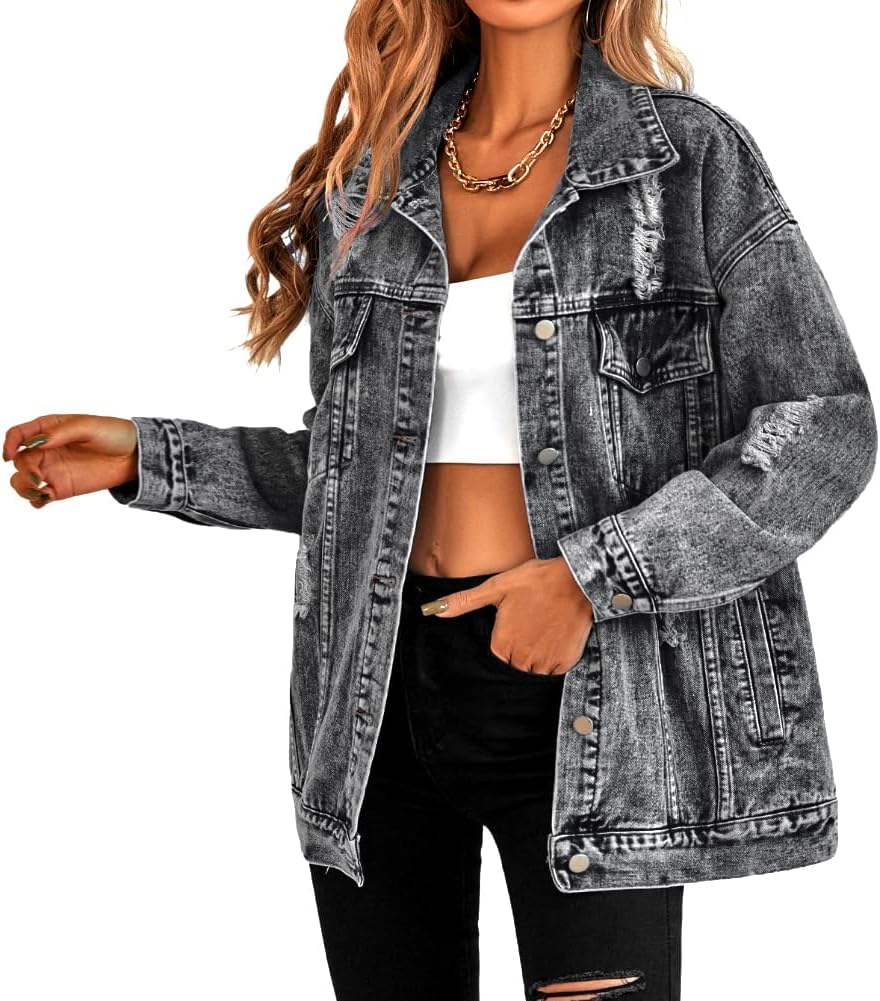 Oversize Denim Jacket for Women Ripped Jean Jacket Boyfriend Long Sleeve Trucker Coat - Image 9