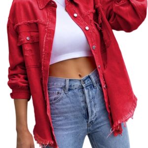 Perbai Womens Oversized Ripped Denim Jacket Frayed Hem Button Front Boyfriend Jean Coat Western Shacket with Pockets