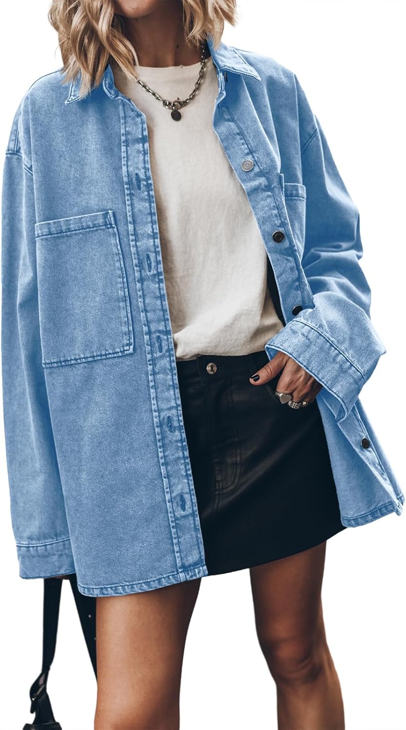 PLNOTME Womens Oversized Jean Jacket Casual Button Up Denim Overshirt Trendy Long Sleeve Denim Jacket Coat - Image 9