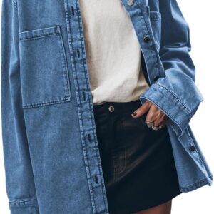 PLNOTME Womens Oversized Jean Jacket Casual Button Up Denim Overshirt Trendy Long Sleeve Denim Jacket Coat