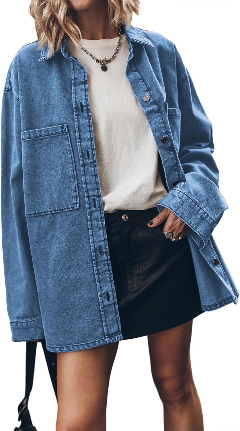 PLNOTME Womens Oversized Jean Jacket Casual Button Up Denim Overshirt Trendy Long Sleeve Denim Jacket Coat