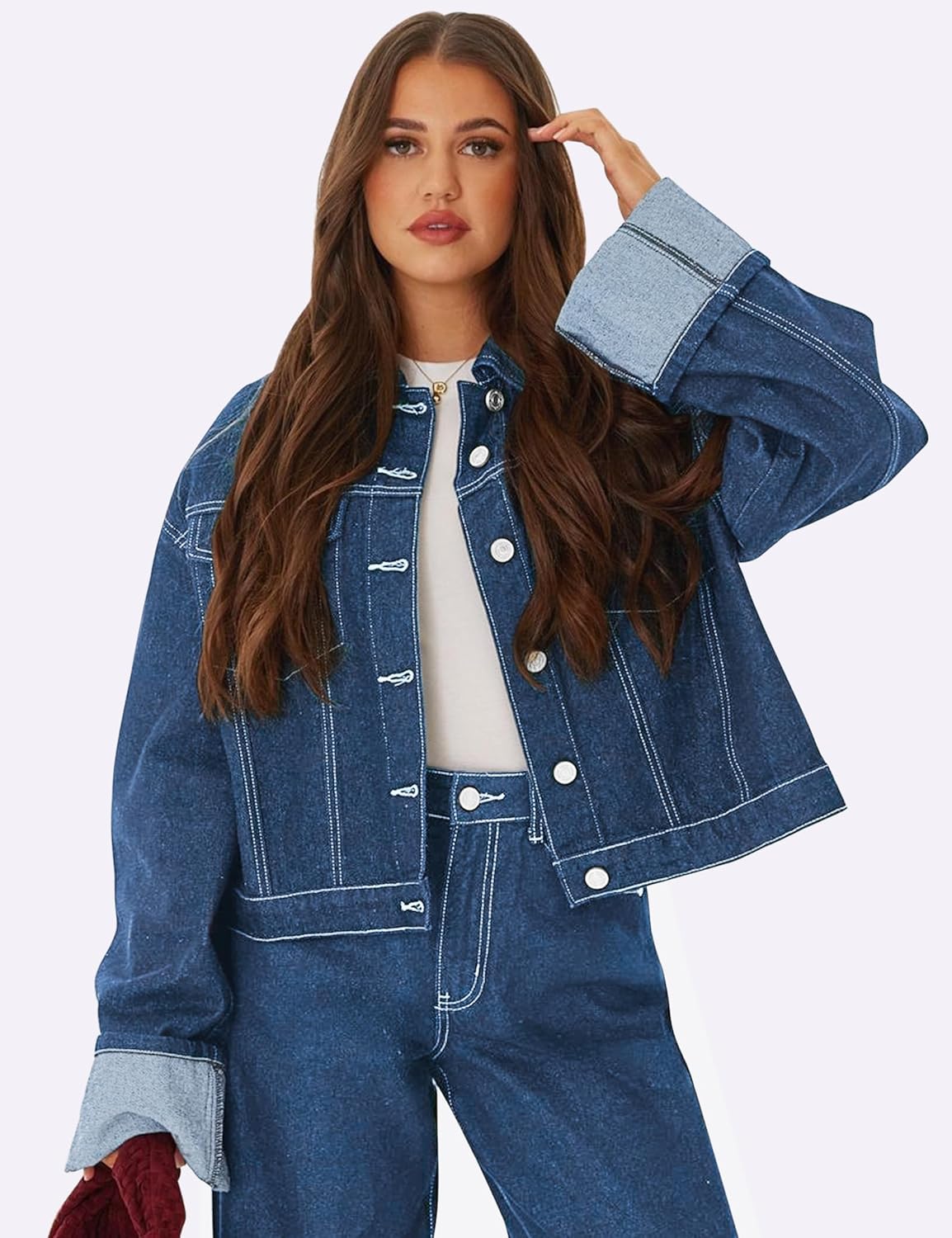 POLIRO Women's Denim Jacket Long Sleeve Button Down Jean Jacket Women with Pockets - Image 3