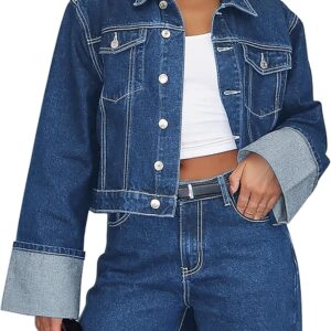 POLIRO Women's Denim Jacket Long Sleeve Button Down Jean Jacket Women with Pockets