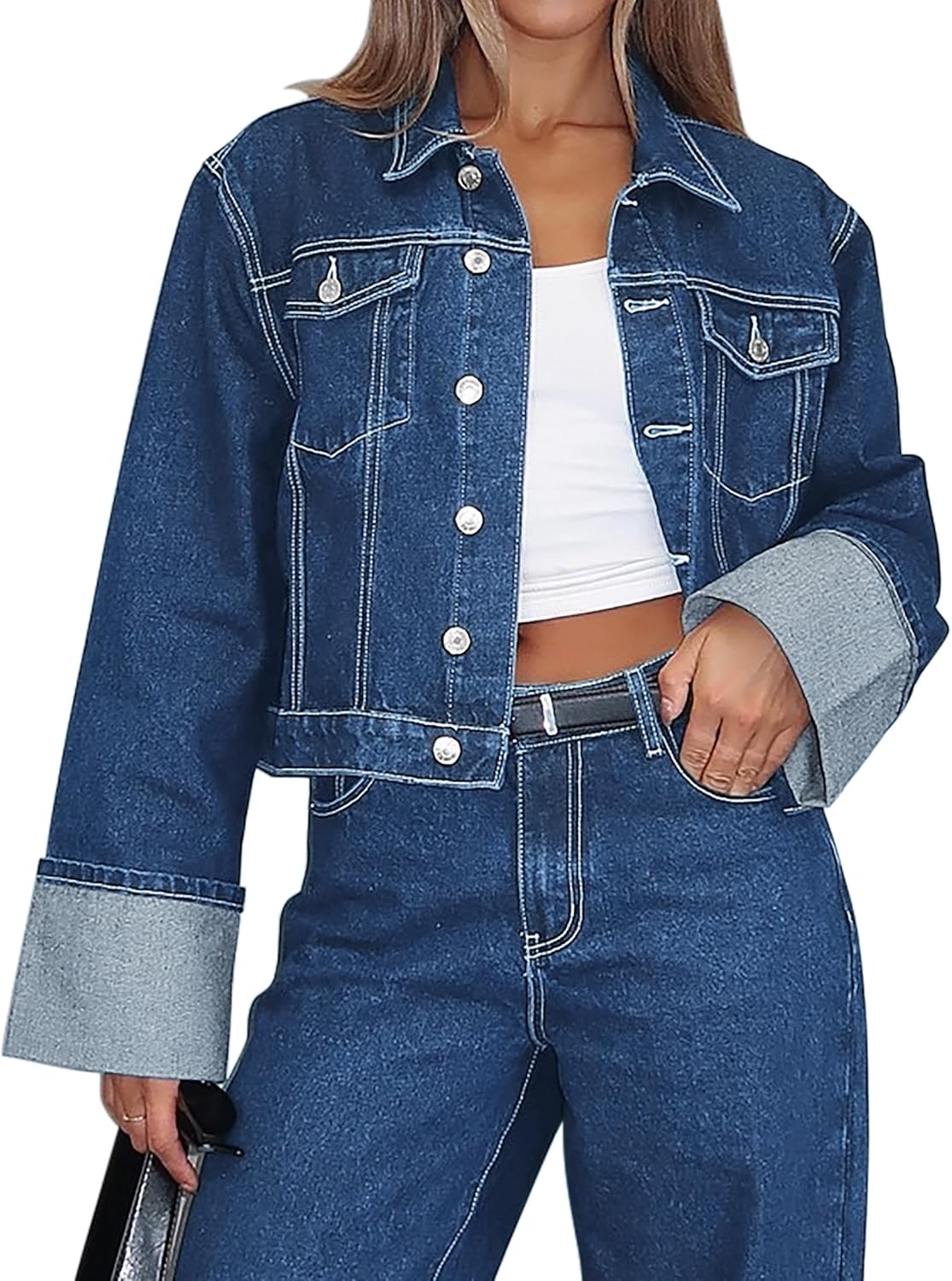 POLIRO Women's Denim Jacket Long Sleeve Button Down Jean Jacket Women with Pockets