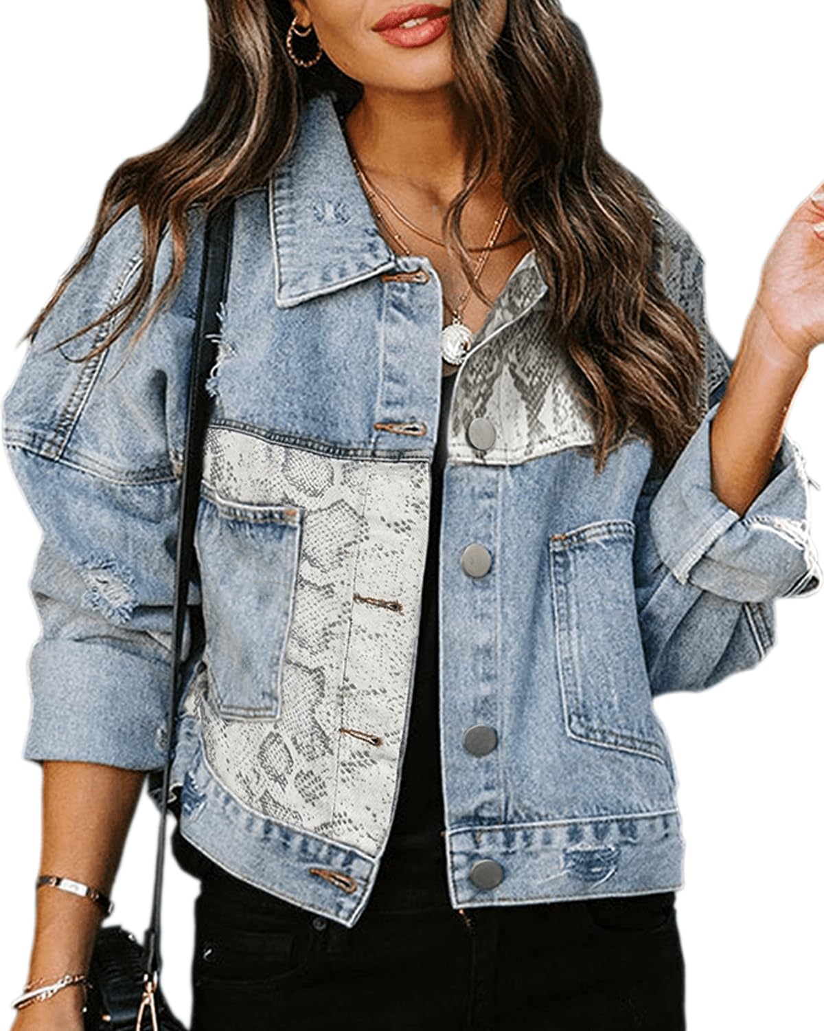 RINTONIX Womens Loose Button Down Cropped Distressed Leopard Denim Jackets Washed Long Sleeve Ripped Cheetah Jean Coat - Image 8