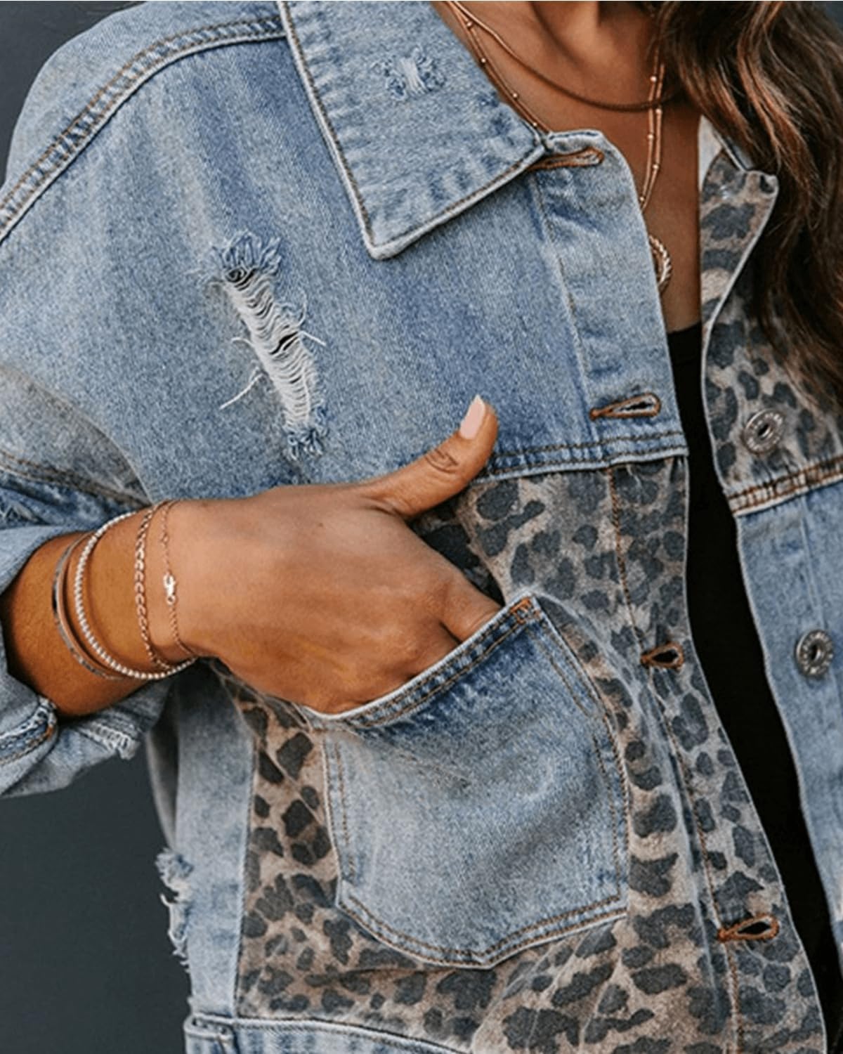 RINTONIX Womens Loose Button Down Cropped Distressed Leopard Denim Jackets Washed Long Sleeve Ripped Cheetah Jean Coat - Image 4