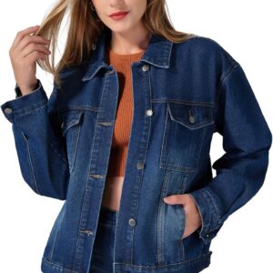 roswear Jean Jacket Women Oversized Long Sleeves Button Up Washed Denim Western Jackets Trucker Coat