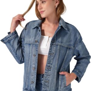 roswear Women\u2019s Denim Jackets Oversized Button Long Sleeve Washed Jean Trucker Jacket with Pockets