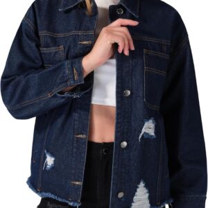 roswear Women\u2019s Jean Jackets Long Sleeves with Fringe Oversized Distressed Denim Trucker Jacket Coat