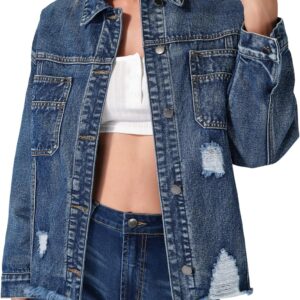 roswear Women\u2019s Jean Jackets Long Sleeves with Fringe Oversized Distressed Denim Trucker Jacket Coat