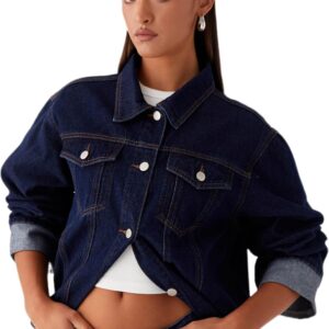 Sarwoldey Women's Classic Collared Folded Cuffs Dark Indigo Denim Jacket