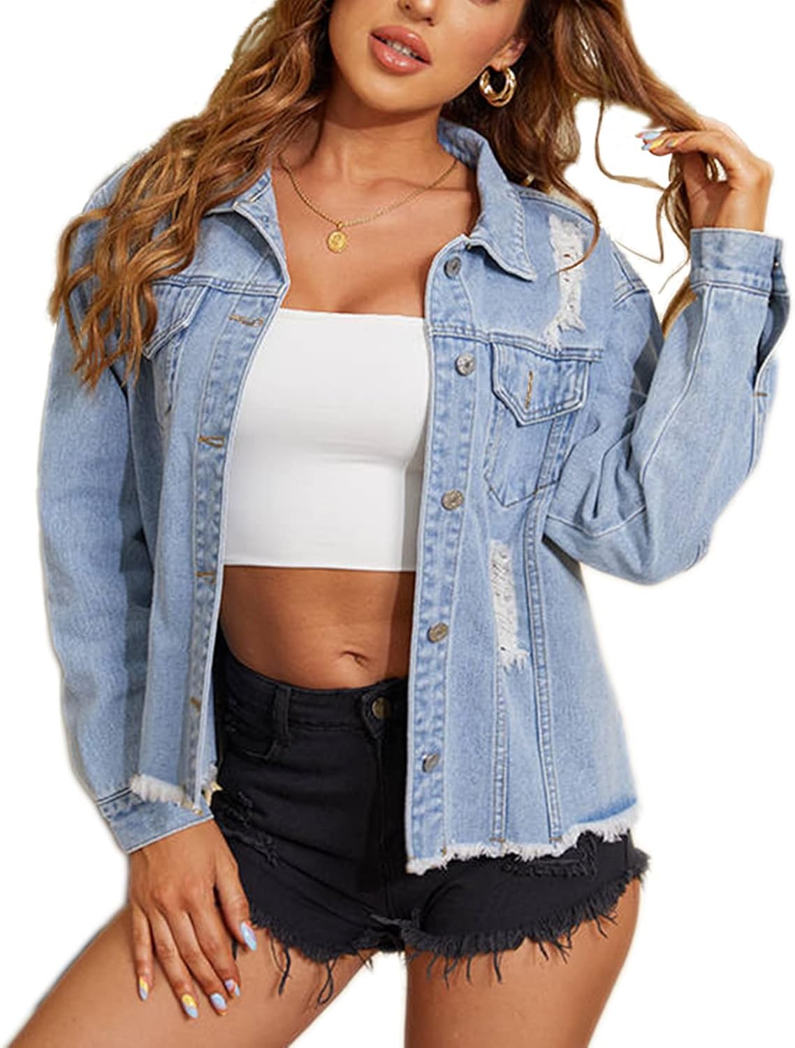 Saukiee Oversized Denim Jacket Distressed Boyfriend Jean Coat Jeans Trucker Jacket for Women Girls - Image 10
