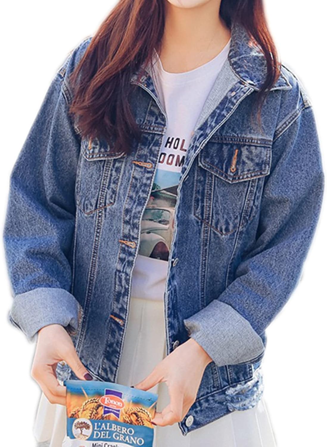 Saukiee Oversized Denim Jacket Distressed Boyfriend Jean Coat Jeans Trucker Jacket for Women Girls - Image 7