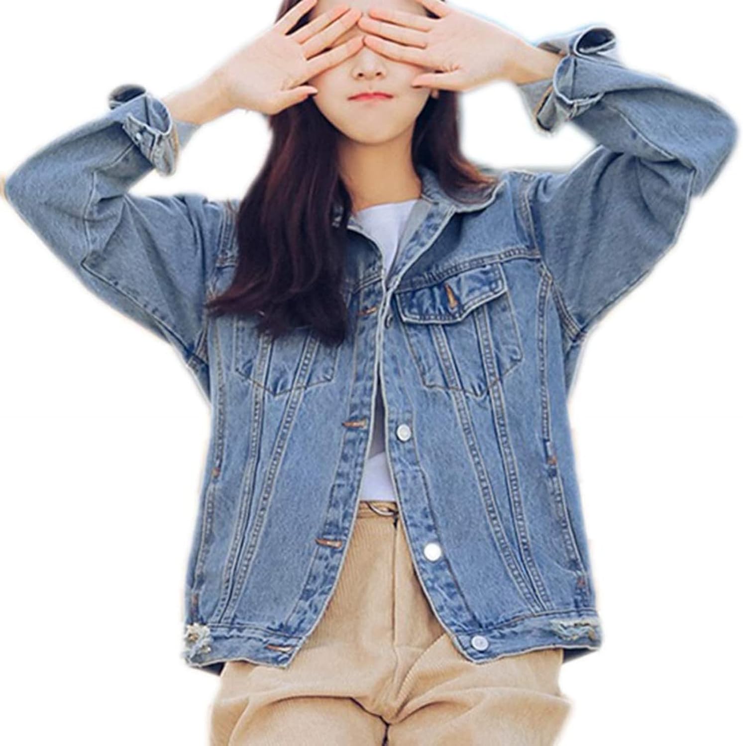 Saukiee Oversized Denim Jacket Distressed Boyfriend Jean Coat Jeans Trucker Jacket for Women Girls - Image 5