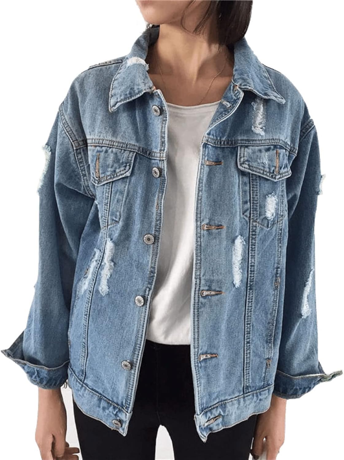 Saukiee Oversized Denim Jacket Distressed Boyfriend Jean Coat Jeans Trucker Jacket for Women Girls - Image 9